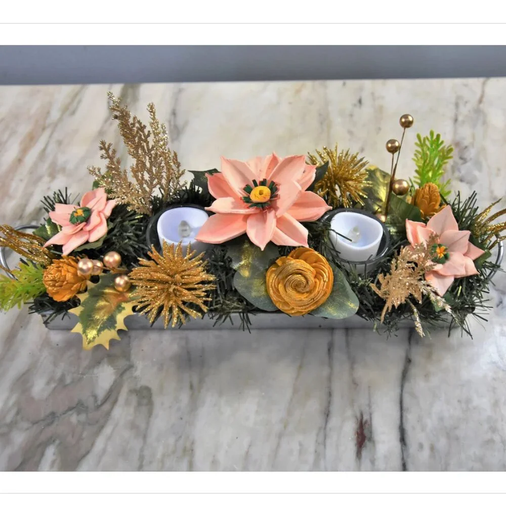 Festive Centerpiece! Galvanized metal tray w/salmon sustainable Sola Poinsettias